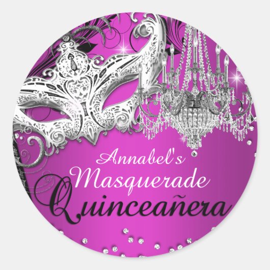 Heet Roze Kroonluchter Masquerade Quinceanera Stic Ronde Sticker (Voorkant)