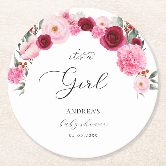 Heet roze levendige bloemen Het is een meisje Baby Ronde Kartonnen Onderzetter (Voorkant)