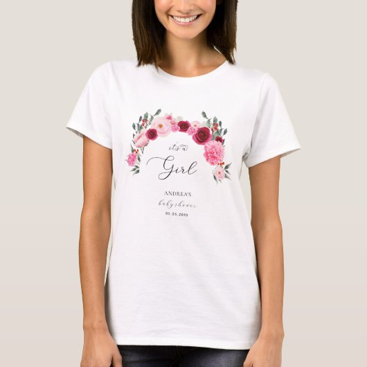 Heet roze levendige bloemen Het is een meisje Baby T-shirt (Voorkant)