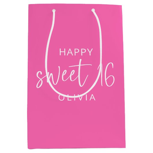 Heet Roze Lief 16 Gelukkige Verjaardagsnaam Medium Cadeauzakje (Voorkant)