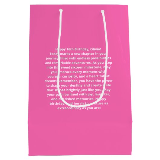 Heet Roze Lief 16 Gelukkige Verjaardagsnaam Medium Cadeauzakje (Achterkant)
