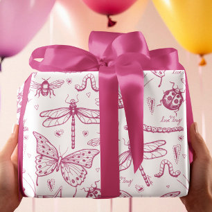 Heet Roze Liefde Bug Insect Illustratiepatroon Inpakpapier Vel
