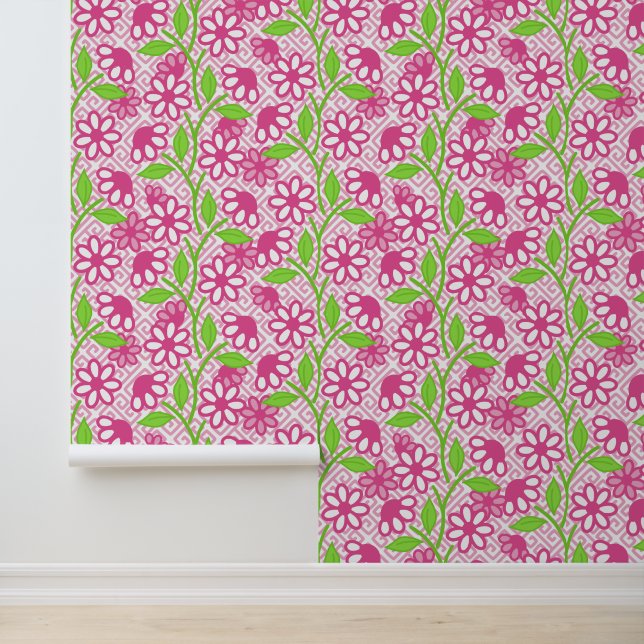 Heet Roze & Lime Maximalistische Bloemengriekse Sl Behang (Applicatie)