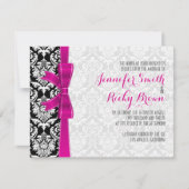 Heet Roze Lint Zwart & Wit Damasks Bruiloft Kaart (Voorkant)