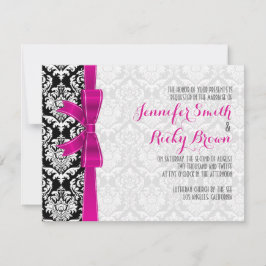 Heet Roze Lint Zwart & Wit Damasks Bruiloft Kaart