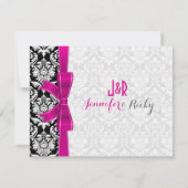Heet Roze Lint Zwart & Wit Damasks Bruiloft Kaart (Achterkant)
