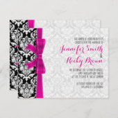 Heet Roze Lint Zwart & Wit Damasks Bruiloft Kaart (Voorkant / Achterkant)