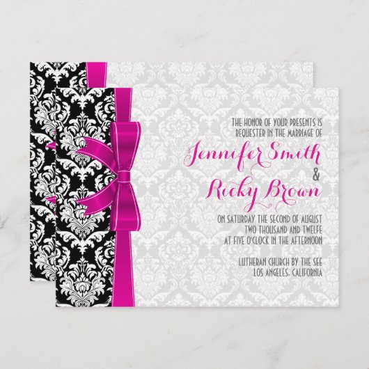 Heet Roze Lint Zwart & Wit Damasks Bruiloft Kaart (Voorkant / Achterkant)