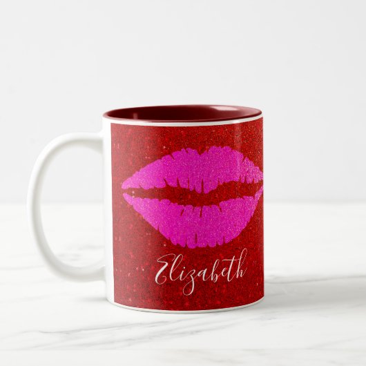 Heet Roze Lippen Rood Glitter Custom Naam Vet Mode Tweekleurige Koffiemok (Links)