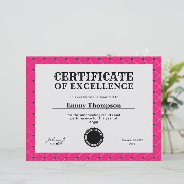 Heet Roze Magenta Bedrijfs Award Certificaat (Staand voorkant)