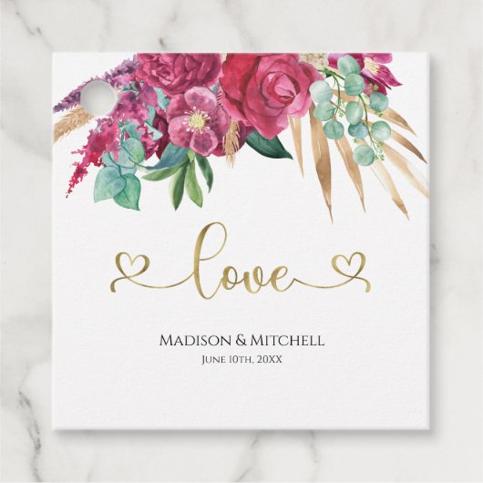 Heet roze magenta bloem elegante gouden script har bedankjes labels (Voorkant)