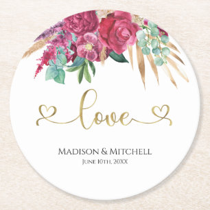 Heet roze magenta bloem elegante gouden script har ronde kartonnen onderzetter