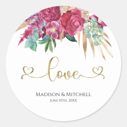 Heet roze magenta bloem elegante gouden script har ronde sticker (Voorkant)