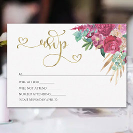 Heet roze magenta bloem elegante gouden script har RSVP kaartje