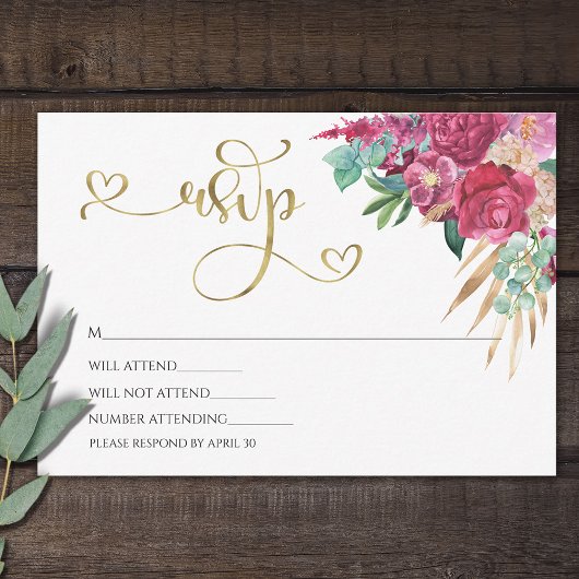 Heet roze magenta bloem elegante gouden script har RSVP kaartje