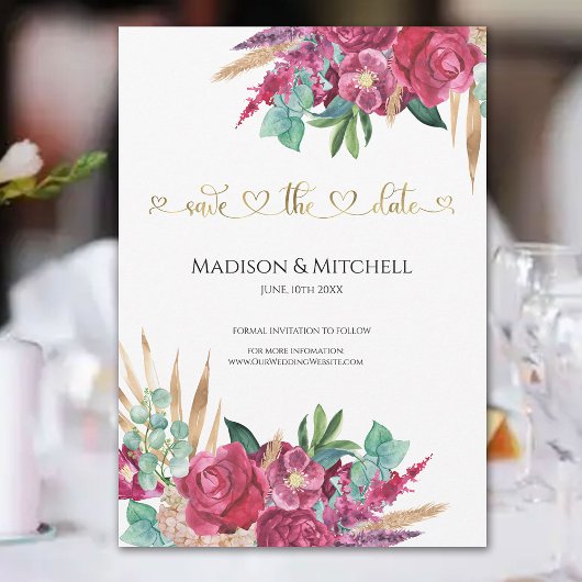 Heet roze magenta bloem elegante gouden script har save the date