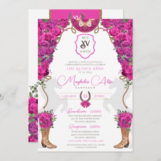 Heet Roze Magenta Bloemen Western Charro Quinceañe Kaart (Voorkant / Achterkant)