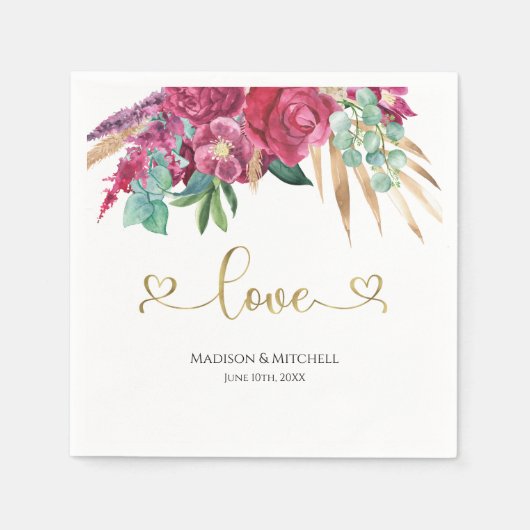 Heet Roze Magenta Bloemige Elegante Gouden Schrift Servet (Voorkant)