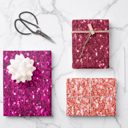 Heet roze magenta en koraal fonkelt faux glitter inpakpapier vel (Voorkant)