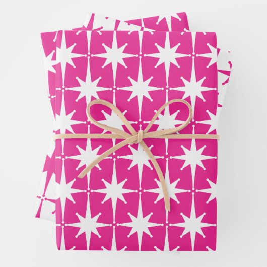 Heet Roze Magenta Helder Retro Starburst Patroon Inpakpapier Vel (In situ)