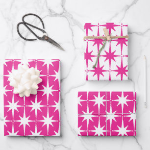 Heet Roze Magenta Helder Retro Starburst Patroon Inpakpapier Vel
