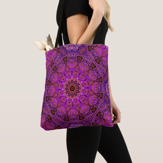 Heet Roze Mandala Kaleidoscopisch Motief Tote Bag (Dichtbij)