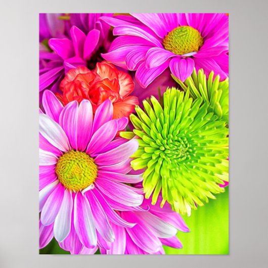 Heet Roze Margrieten En Groene Mums Poster (Voorkant)