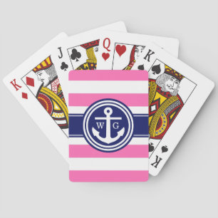 Heet Roze Marine Preppy Streep Anker Monogram Pokerkaarten