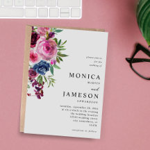 Heet roze & marineblauw bloemenbruiloft uitnodigin