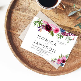 Heet Roze & Marineblauwe Bloemige Trouw Uitnodigin Kaart