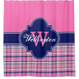 Heet Roze Marineblauwe Madras Plaid 1I CB Lint Naa Douchegordijn