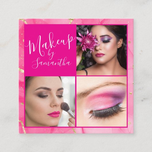 Heet Roze Marmer Script Foto Make-up Vierkante Visitekaartje (Voorkant)