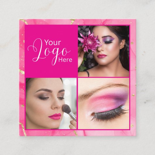 Heet Roze Marmer Script Foto Make-up Vierkante Visitekaartje (Voorkant)