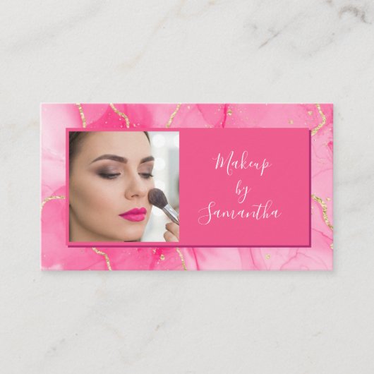 Heet Roze Marmer Script Foto Make-up Visitekaartje (Voorkant)