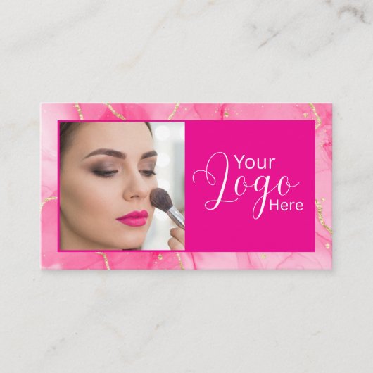 Heet Roze Marmer Script Foto Make-up  Visitekaartje (Voorkant)