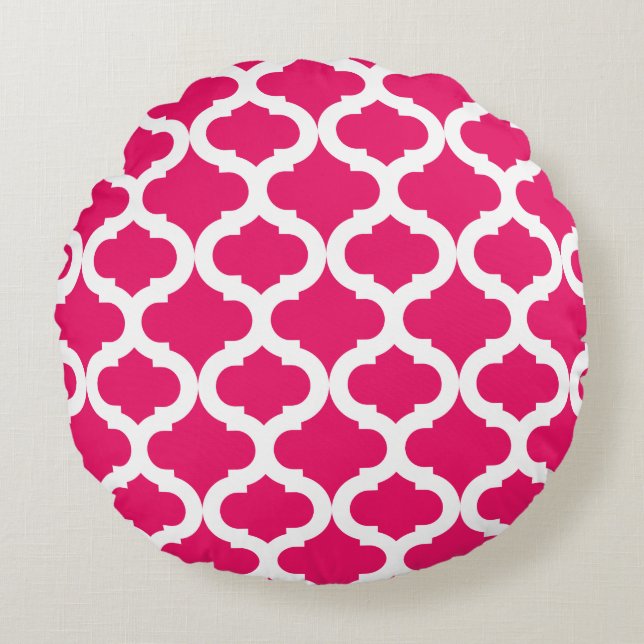 Heet Roze Marokkaans Patroon Rond Kussen (Voorkant)