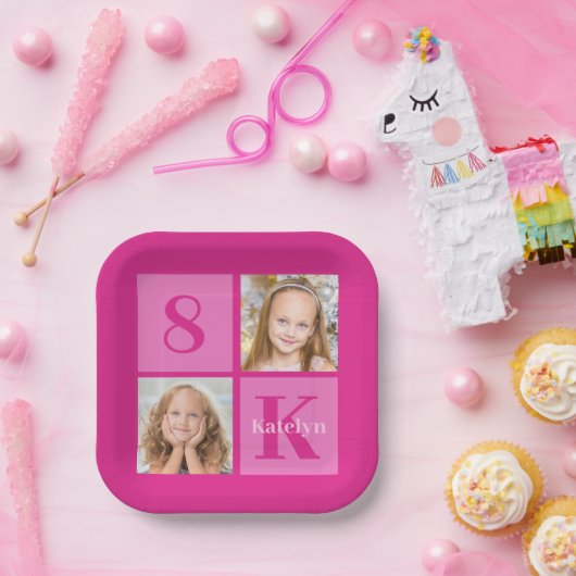 Heet Roze Meisje Fotocollage Custom Verjaardagsfee Papieren Bordje (Feest)