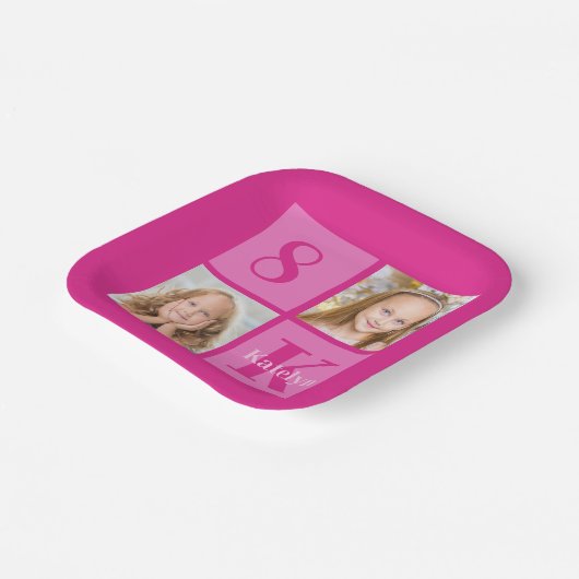 Heet Roze Meisje Fotocollage Custom Verjaardagsfee Papieren Bordje (Gebogen)