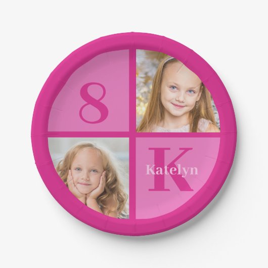 Heet Roze Meisjes Foto Custom Kids Verjaardagsfees Papieren Bordje (Voorkant)