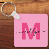 Heet Roze Meisjesachtig Script Naam Monogram Sleutelhanger (Voorkant)