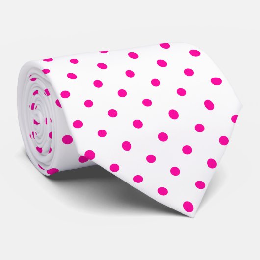Heet Roze Mini Stippenpatroon op Wit Stropdas (Opgerold)