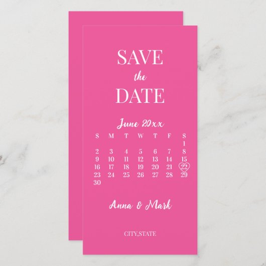 Heet Roze Minimalistische Moderne Kalender Bruilof Save The Date (Voorkant / Achterkant)