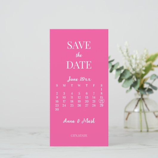 Heet Roze Minimalistische Moderne Kalender Bruilof Save The Date (Staand voorkant)