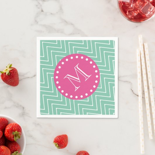 Heet Roze, Mint Groene Chevron | Uw monogram Servet (Insitu)