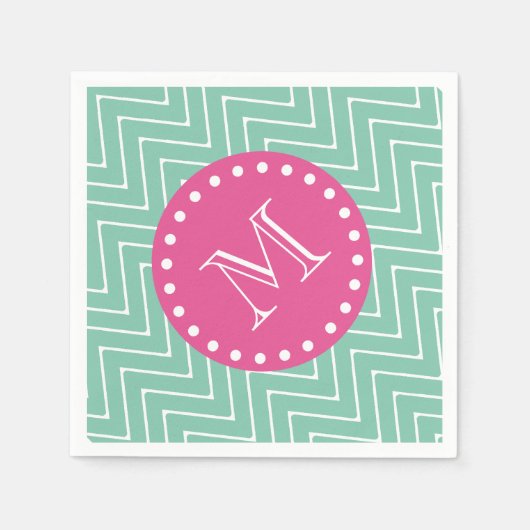 Heet Roze, Mint Groene Chevron | Uw monogram Servet (Voorkant)