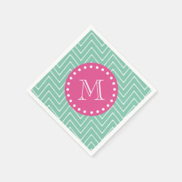 Heet Roze, Mint Groene Chevron | Uw monogram Servet