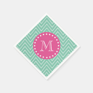 Heet Roze, Mint Groene Chevron Uw monogram Servet