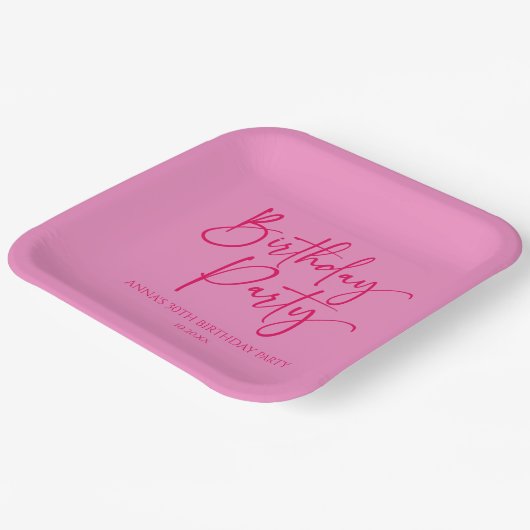 Heet Roze Modern Minimalistisch Verjaardagsfeest Papieren Bordje (Gebogen)