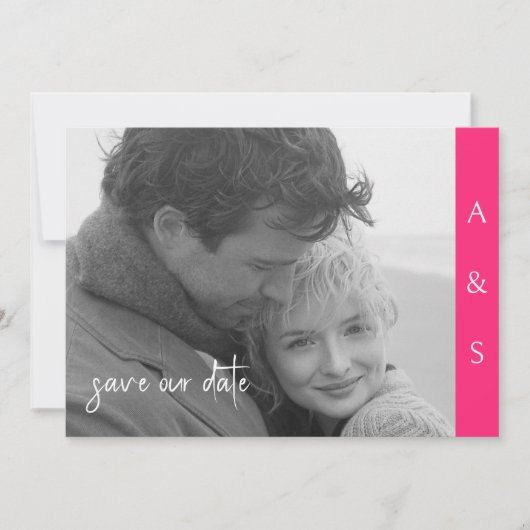 Heet Roze Moderne Eenvoud B/W Foto Horizontaal Save The Date (Voorkant)