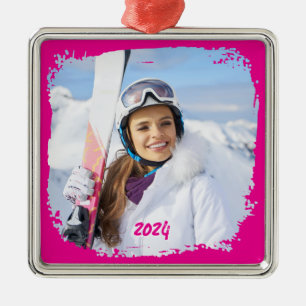 Heet Roze Moderne Grunge Rand Foto Jaar Metalen Ornament